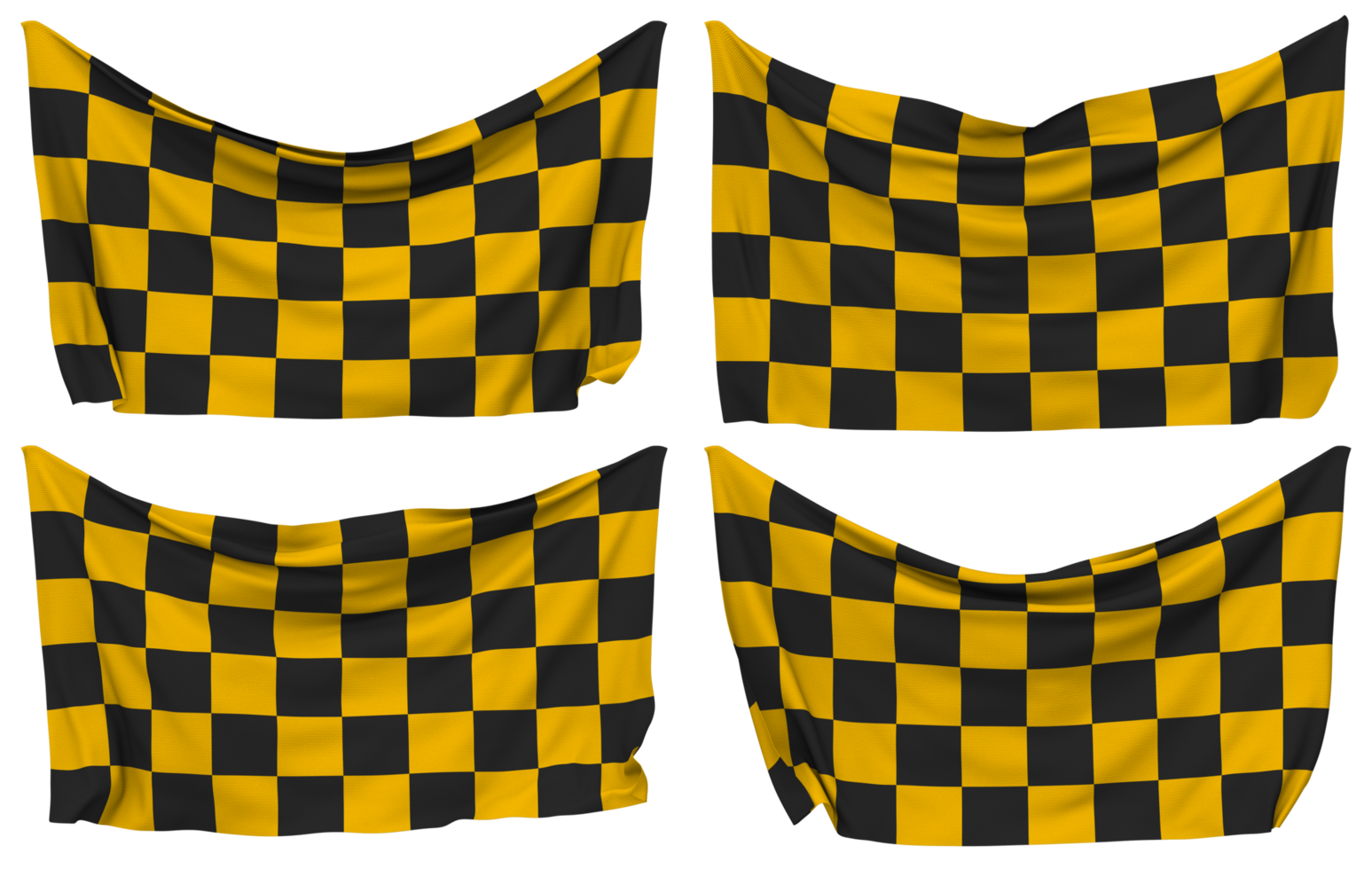 carreras negro y amarillo a cuadros clavado bandera desde esquinas, aislado con diferente ondulación variaciones, 3d representación png
