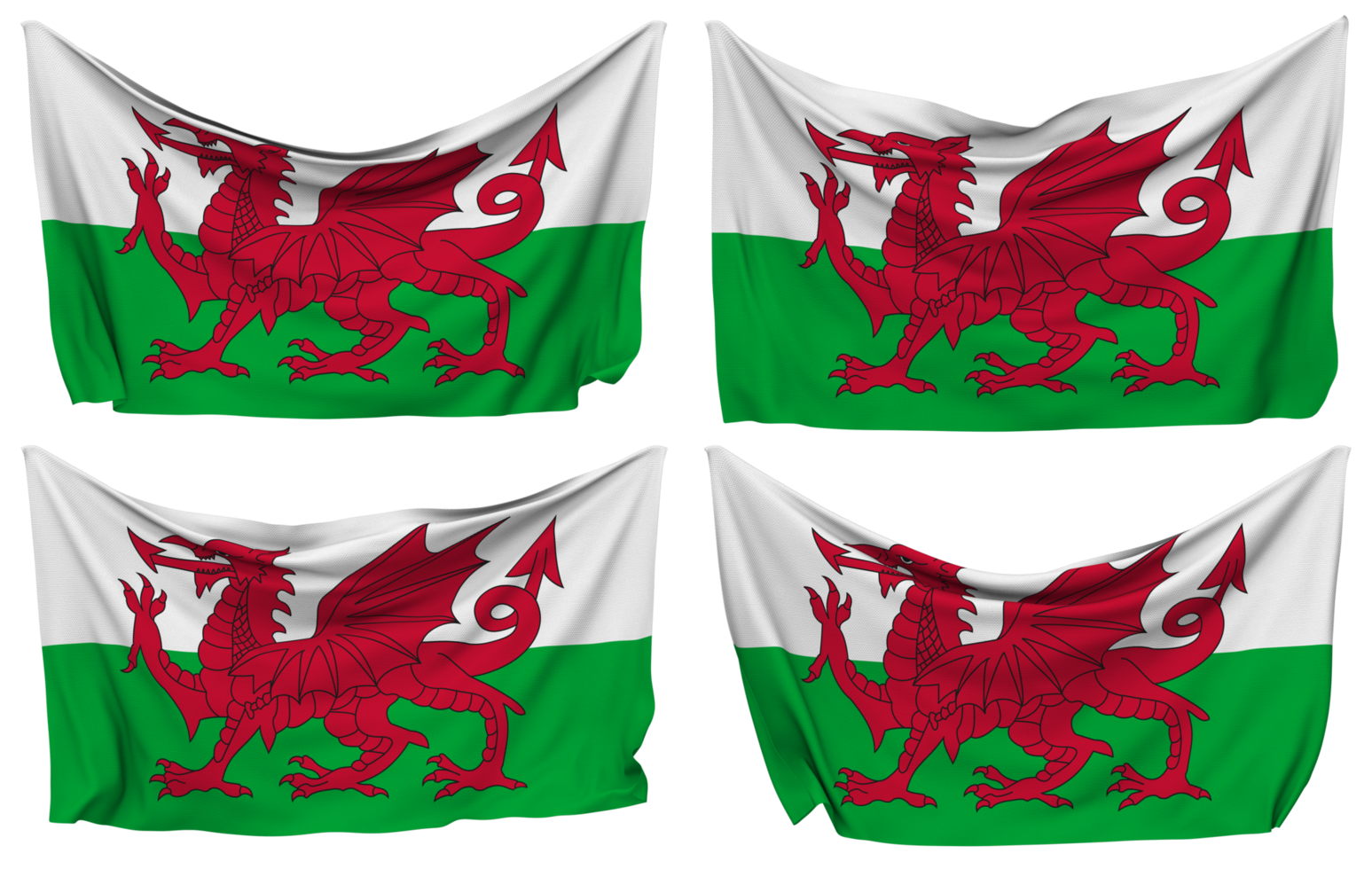 Wales Pinned Flag from Corners, Isolated with Different Waving Variations, 3D Rendering png