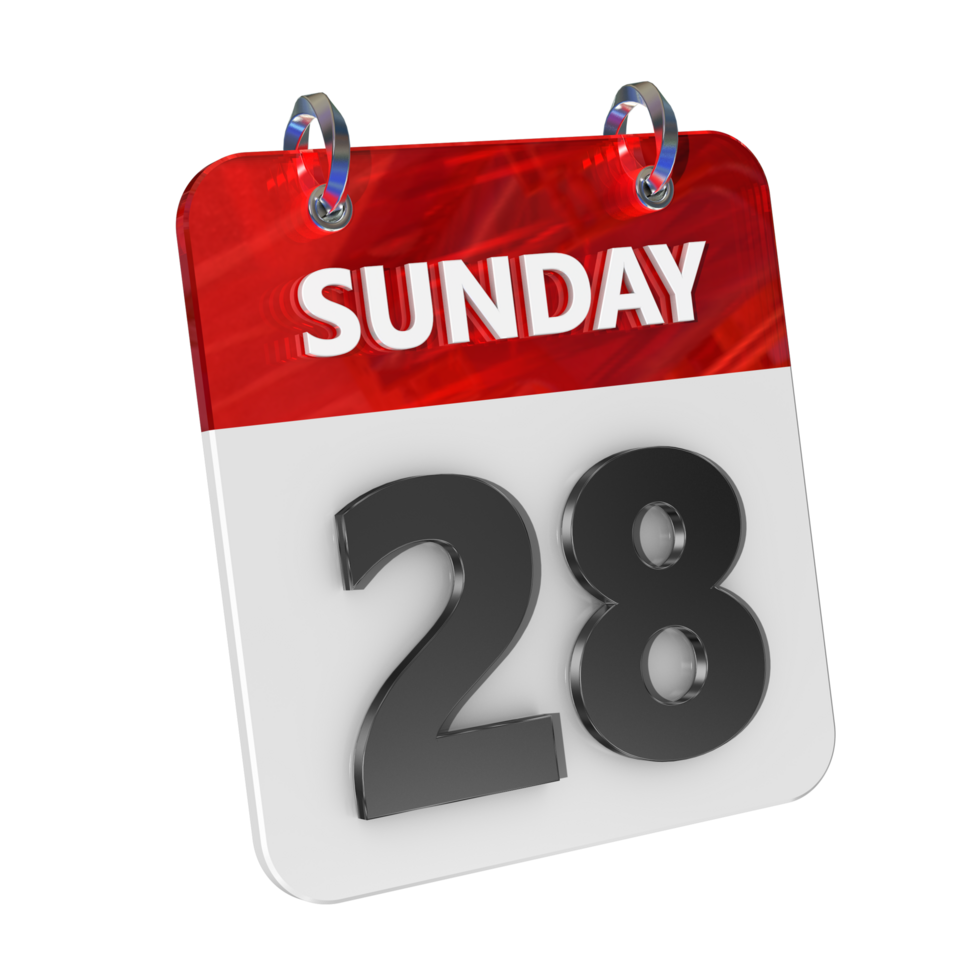 Sunday 28 Date 3D Icon Isolated, Shiny and Glossy 3D Rendering, Month Date Day Name, Schedule, History png