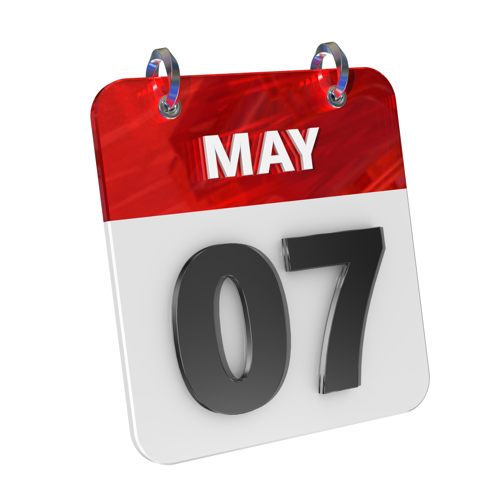 May 7 Date 3D Icon Isolated, Shiny and Glossy 3D Rendering, Month Date
