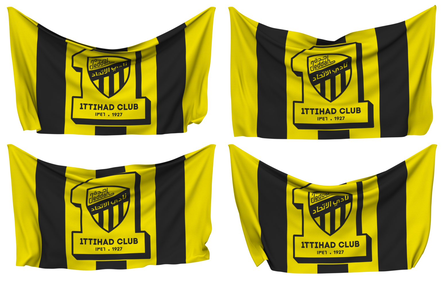 Al Ittihad Saudi Arabian Club Pinned Flag from Corners, Isolated with Different Waving Variations, 3D Rendering png
