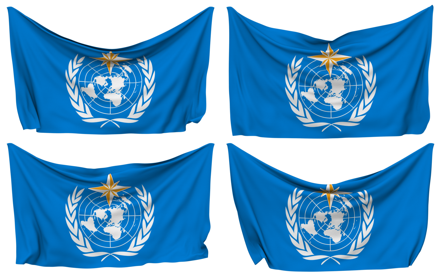 Welt meteorologisch Organisation, wmo festgesteckt Flagge von Ecken, isoliert mit anders winken Variationen, 3d Rendern png