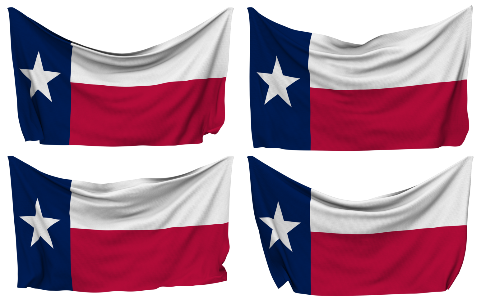 stat av texas fästs flagga från hörn, isolerat med annorlunda vinka variationer, 3d tolkning png