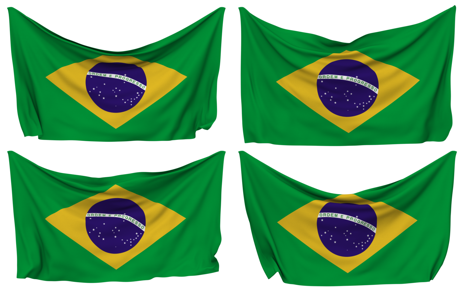 Brazilië vastgemaakt vlag van hoeken, geïsoleerd met verschillend golvend variaties, 3d renderen png