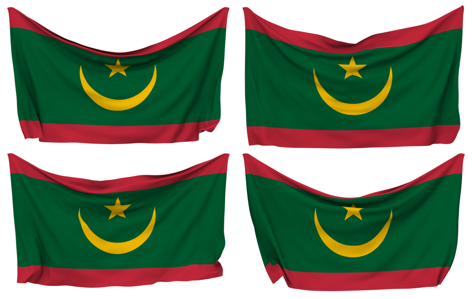 Mauritania Pinned Flag from Corners, Isolated with Different Waving Variations, 3D Rendering png