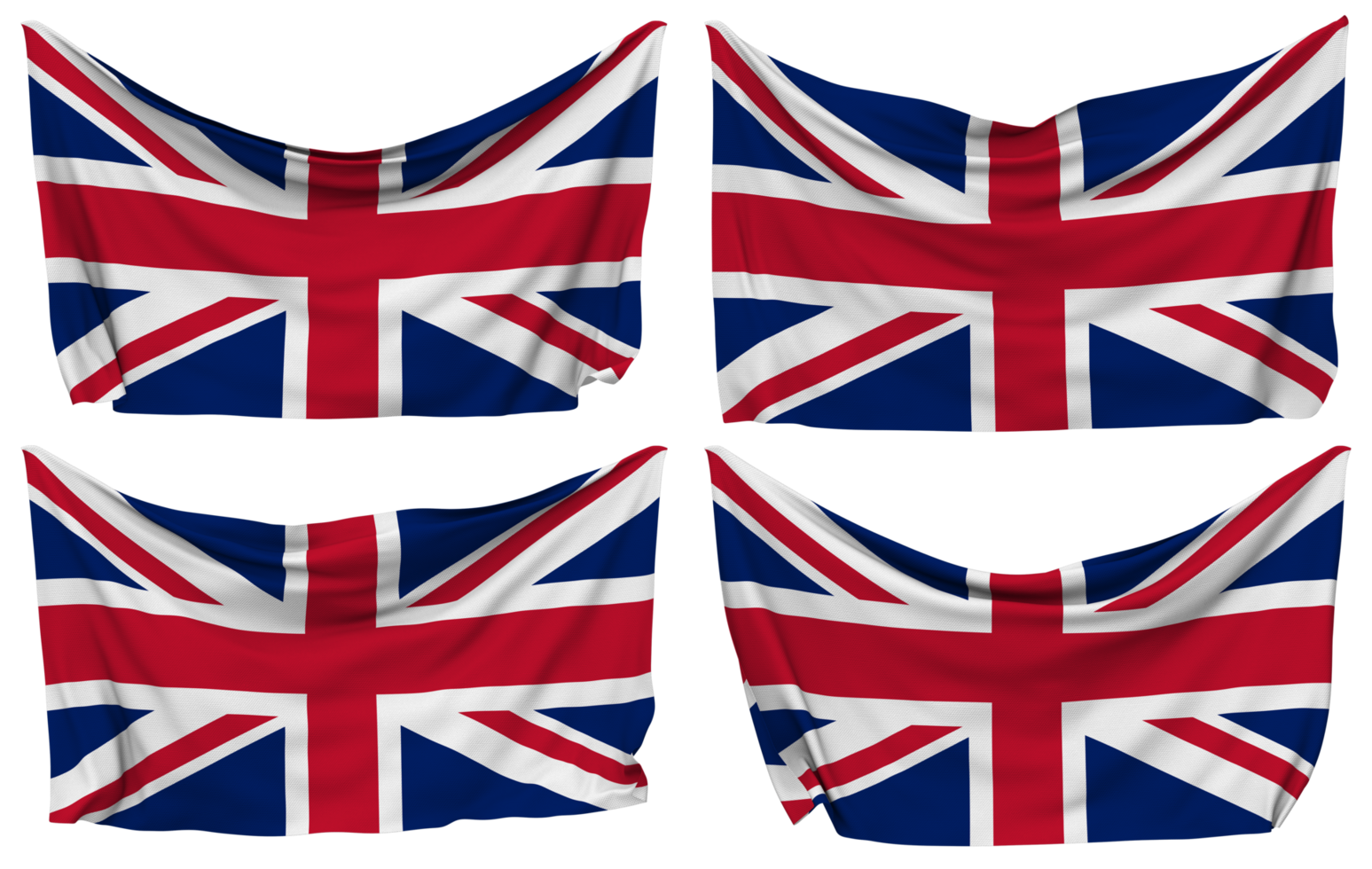 Verenigde koninkrijk vastgemaakt vlag van hoeken, geïsoleerd met verschillend golvend variaties, 3d renderen png