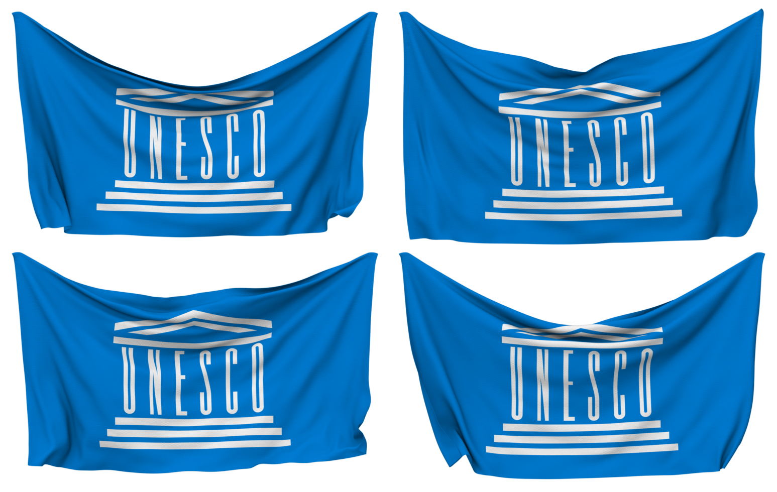 United Nations Educational, Scientific and Cultural Organization, UNESCO Pinned Flag from Corners, Isolated with Different Waving Variations, 3D Rendering png