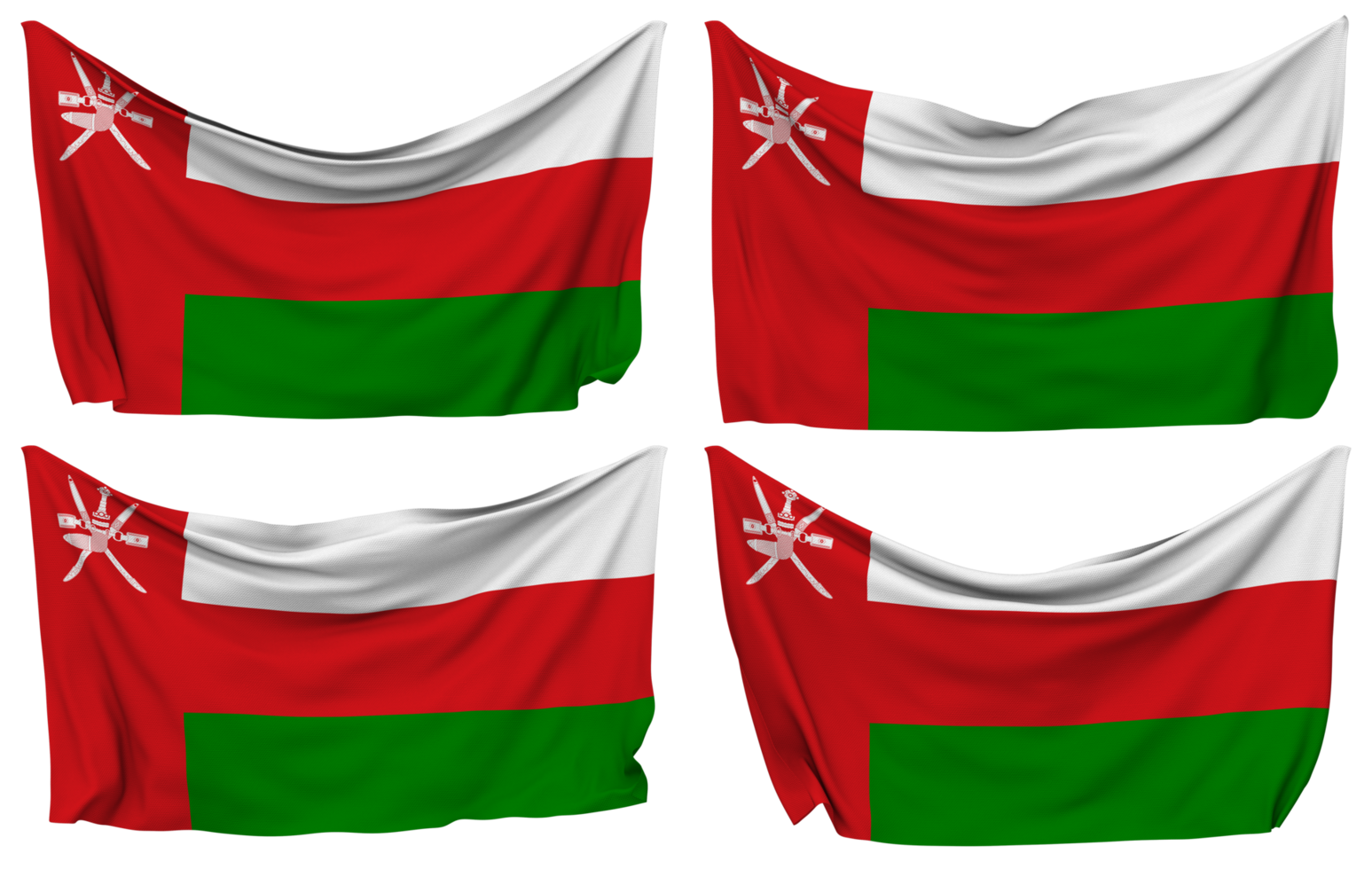 Oman Pinned Flag from Corners, Isolated with Different Waving Variations, 3D Rendering png