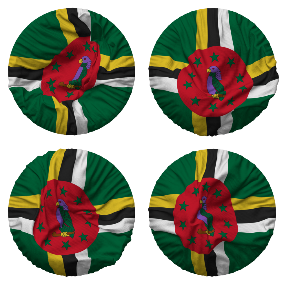 Dominica Flag in Round Shape Isolated with Four Different Waving Style, Bump Texture, 3D Rendering png