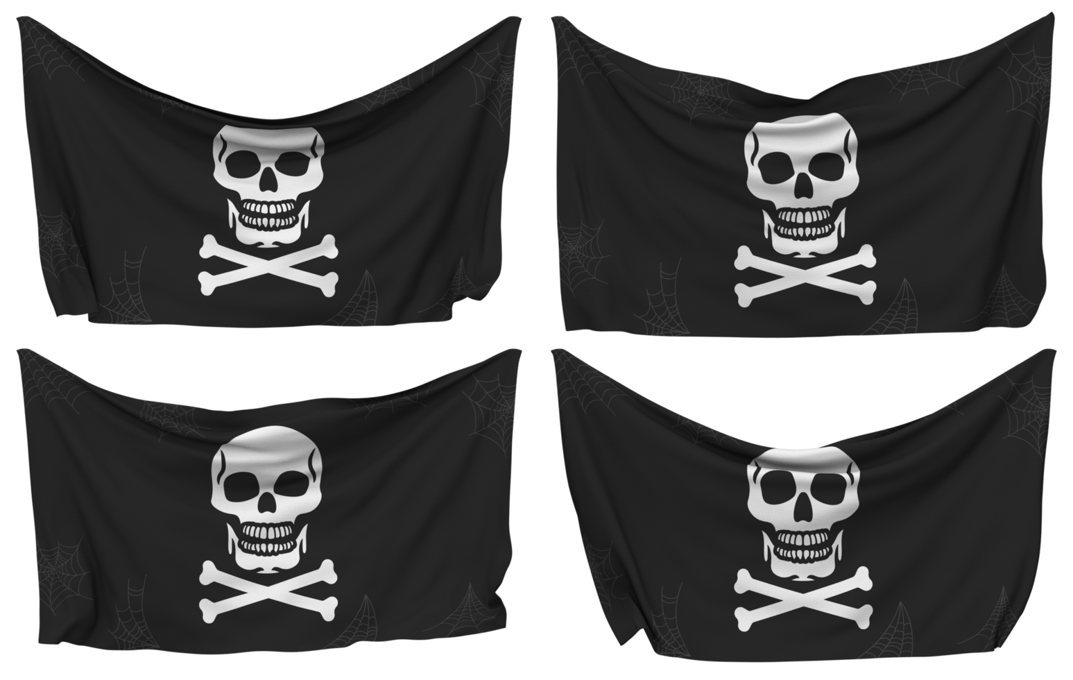 Skulls Danger Sign Pinned Flag from Corners, Isolated with Different Waving Variations, 3D Rendering png