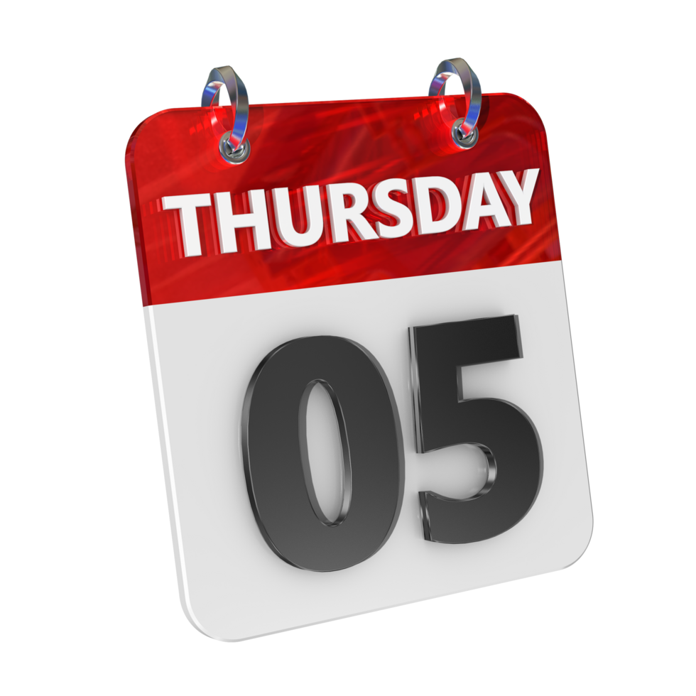Thursday 5 Date 3D Icon Isolated, Shiny and Glossy 3D Rendering, Month Date Day Name, Schedule, History png