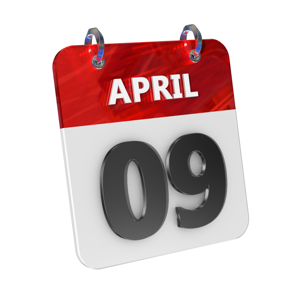April 9 Date 3D Icon Isolated, Shiny and Glossy 3D Rendering, Month Date Day Name, Schedule, History png