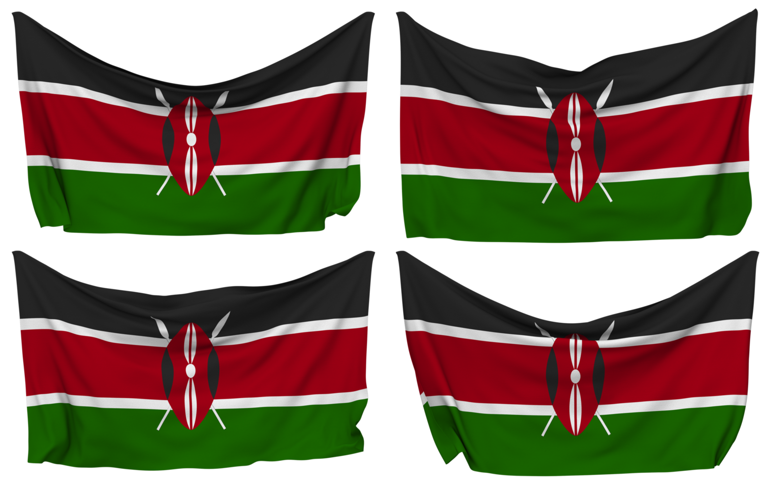 Kenia clavado bandera desde esquinas, aislado con diferente ondulación variaciones, 3d representación png