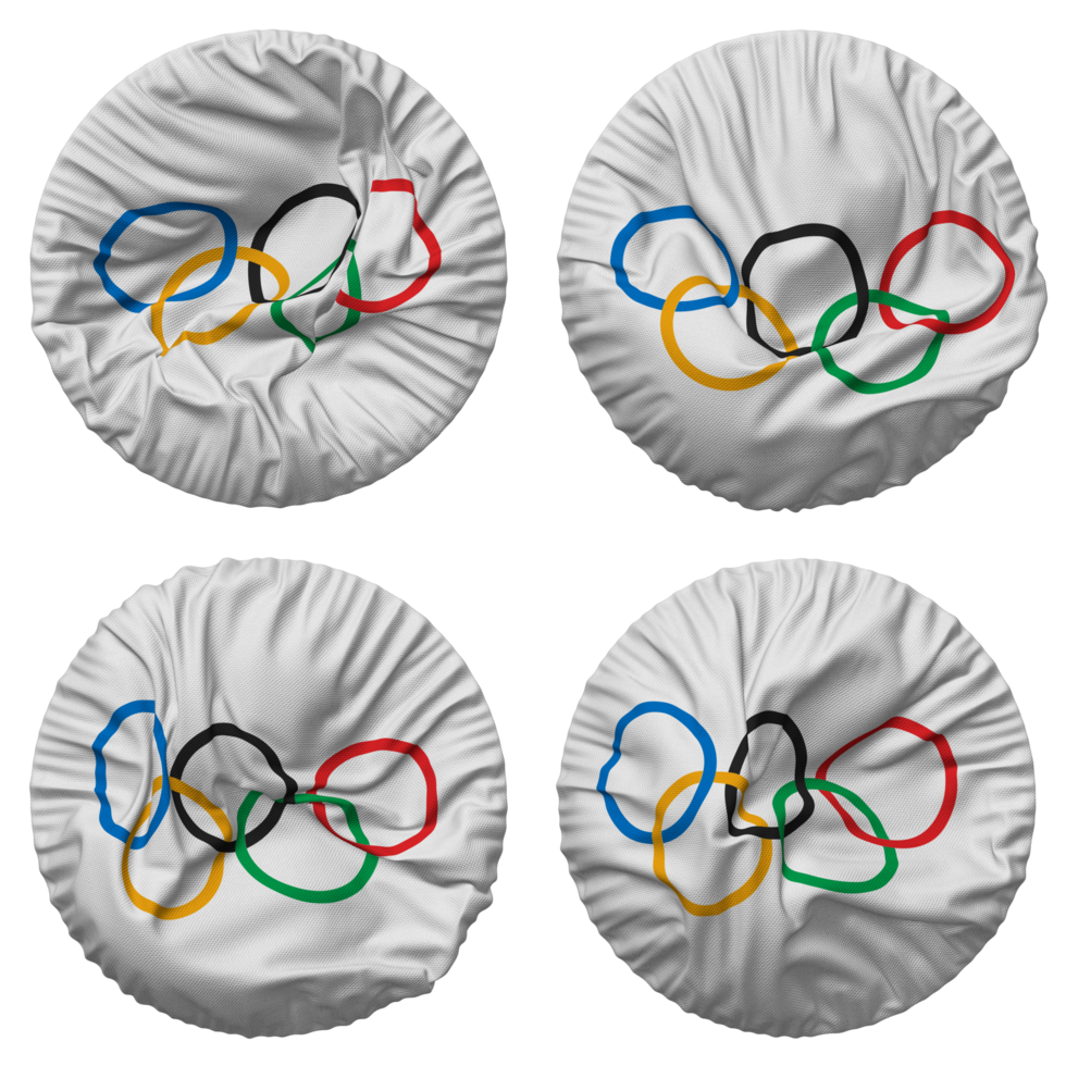 olympisch spellen, Olympische Spelen vlag in ronde vorm geïsoleerd met vier verschillend golvend stijl, buil textuur, 3d renderen png