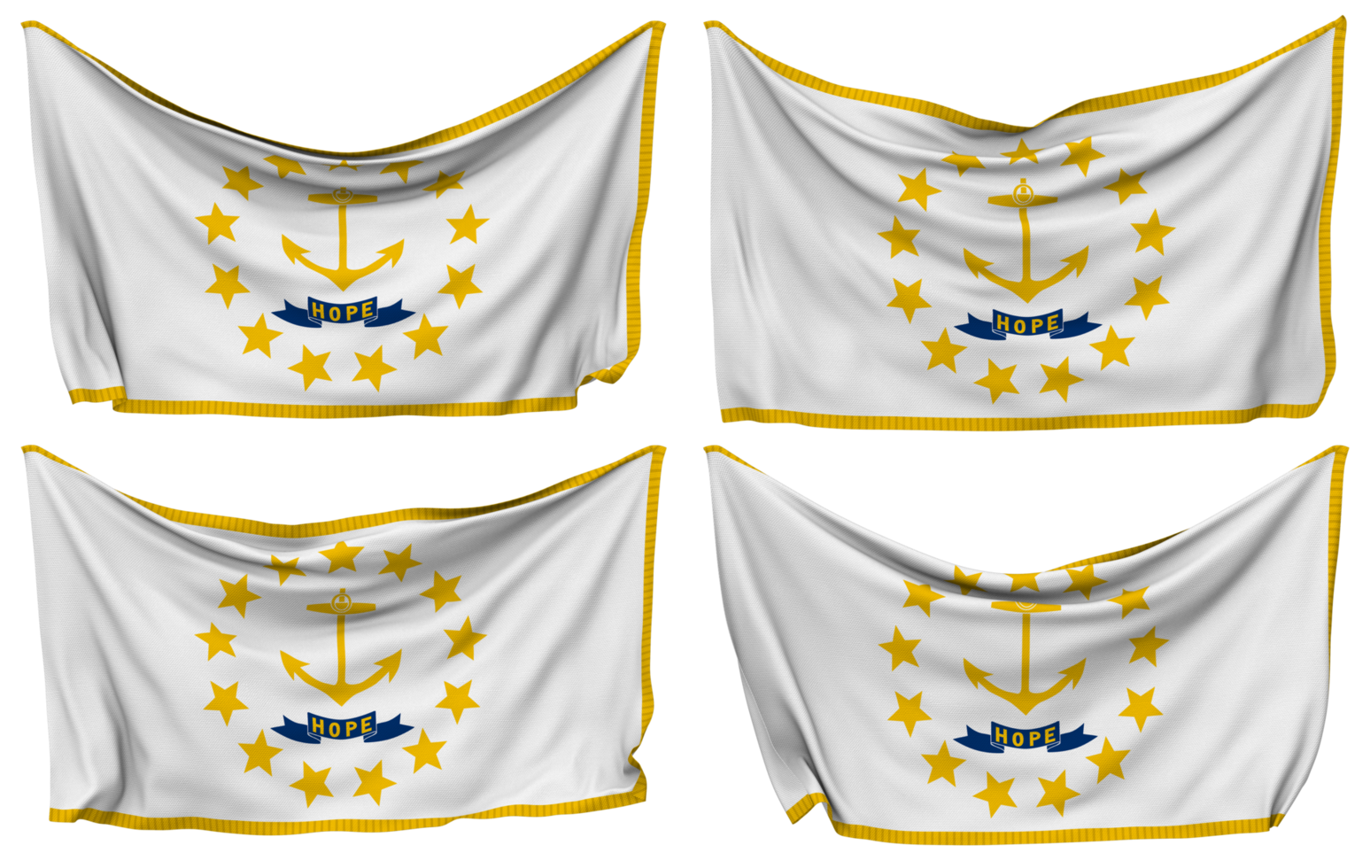 State of Rhode Island Pinned Flag from Corners, Isolated with Different Waving Variations, 3D Rendering png