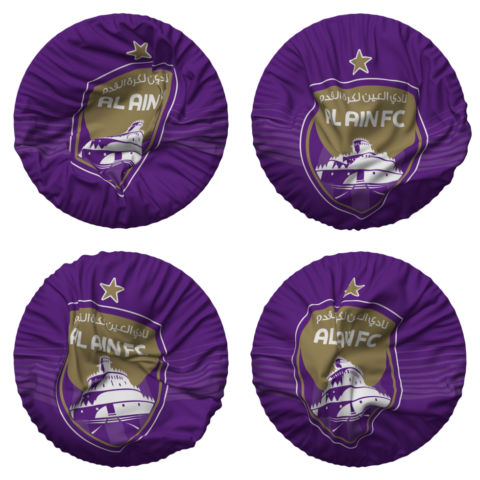 al ain fotboll klubb flagga i runda form isolerat med fyra annorlunda vinka stil, stöta textur, 3d tolkning png