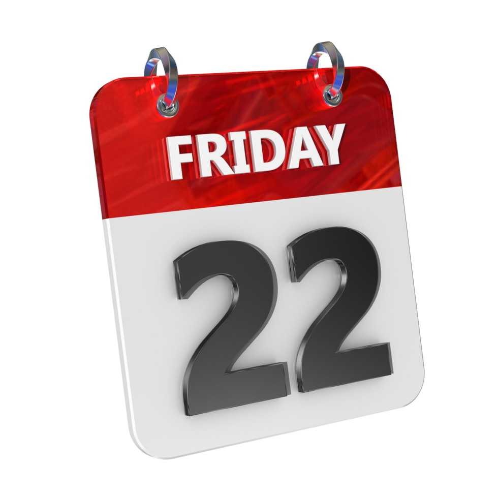 Friday 22 Date 3D Icon Isolated, Shiny and Glossy 3D Rendering, Month Date Day Name, Schedule, History png
