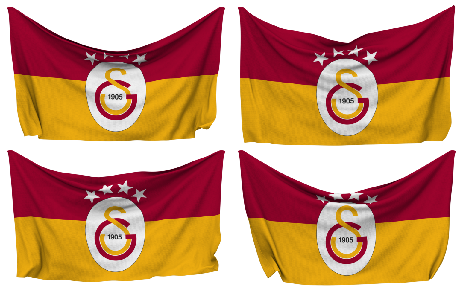 Galatasaray Spor Kulubu, Galatasaray SK Football Club Pinned Flag from Corners, Isolated with Different Waving Variations, 3D Rendering png