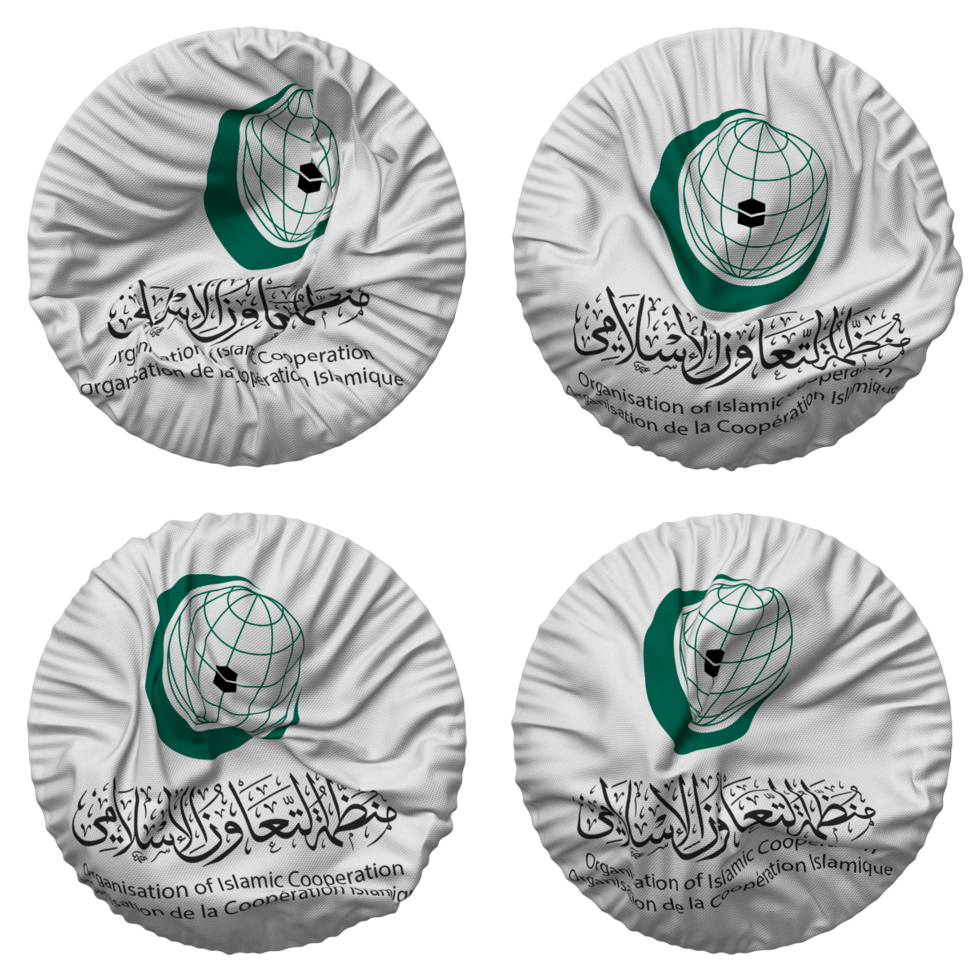 organisation de islamique coopération, oic drapeau dans rond forme isolé avec quatre différent agitant style, bosse texture, 3d le rendu png