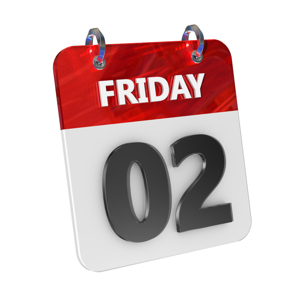 Friday 2 Date 3D Icon Isolated, Shiny and Glossy 3D Rendering, Month Date Day Name, Schedule, History png