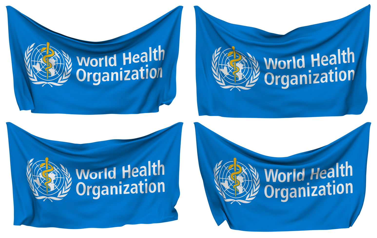 wereld Gezondheid organisatie, wie vastgemaakt vlag van hoeken, geïsoleerd met verschillend golvend variaties, 3d renderen png