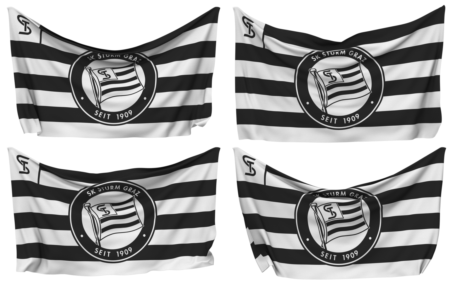 Sportklub Sturm Graz, SK Sturm Graz Pinned Flag from Corners, Isolated with Different Waving Variations, 3D Rendering png