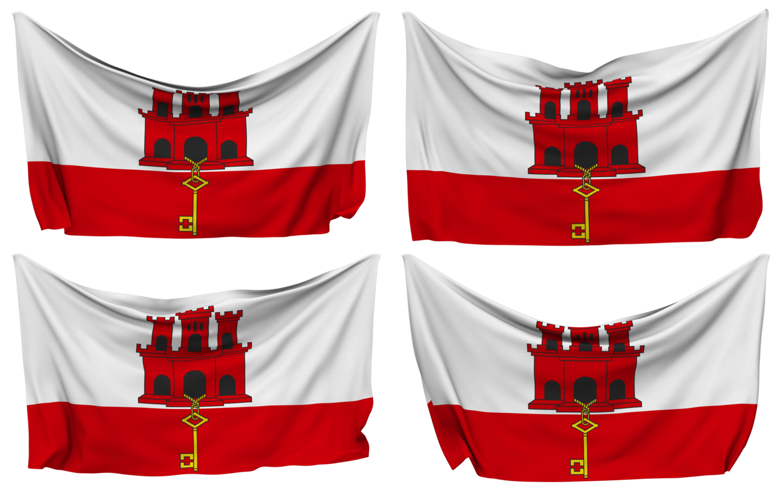 Gibraltar Pinned Flag from Corners, Isolated with Different Waving Variations, 3D Rendering png