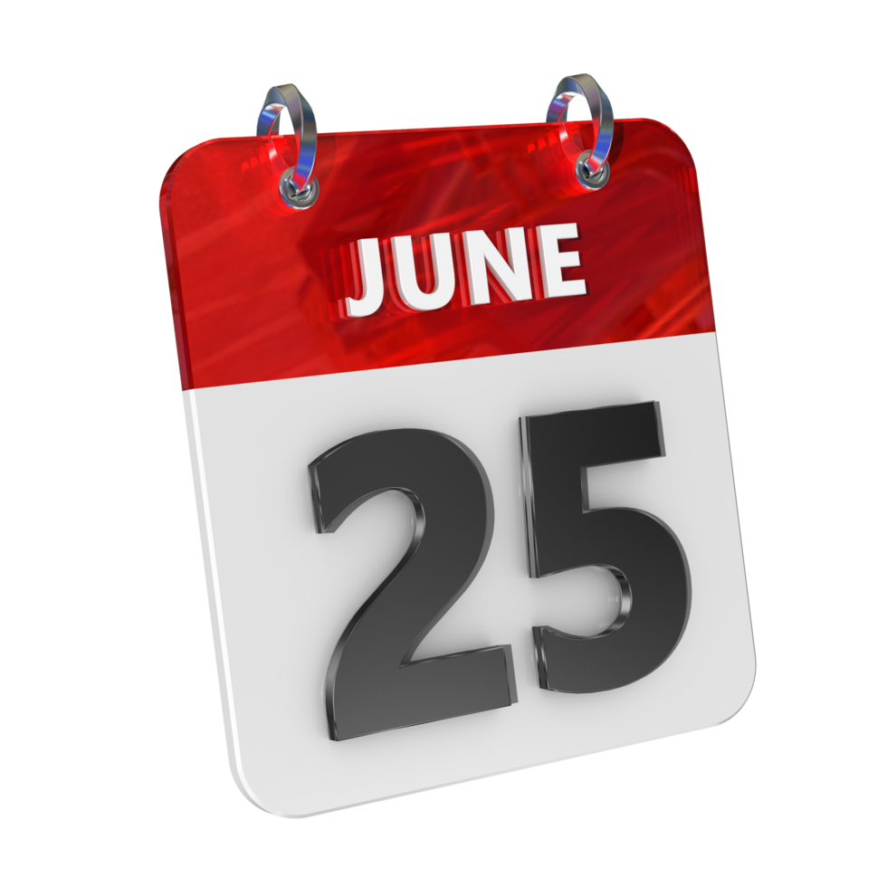 juni 25 datum 3d ikon isolerat, skinande och glansig 3d tolkning, månad datum dag namn, schema, historia png