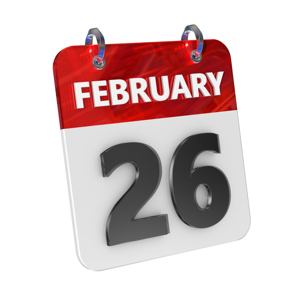 February 26 Date 3D Icon Isolated, Shiny and Glossy 3D Rendering, Month Date Day Name, Schedule, History png