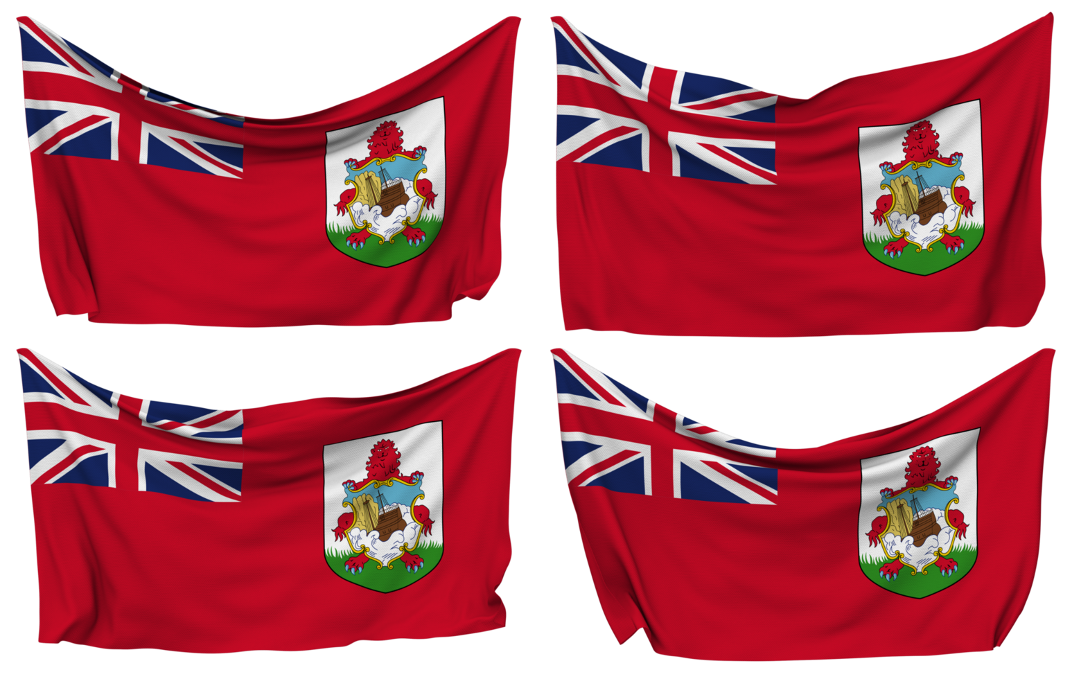 Bermuda Pinned Flag from Corners, Isolated with Different Waving Variations, 3D Rendering png