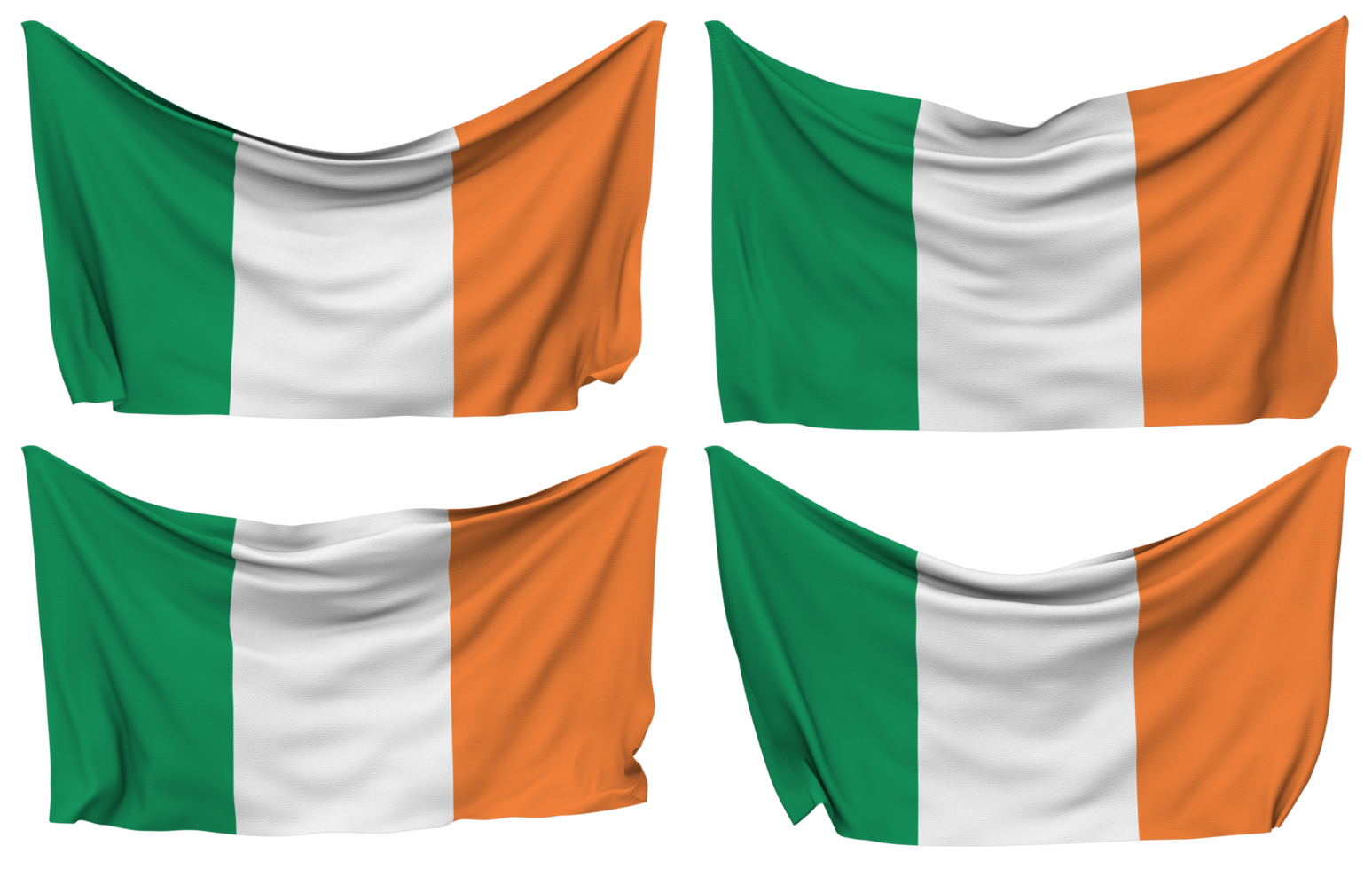 Ireland Pinned Flag from Corners, Isolated with Different Waving Variations, 3D Rendering png