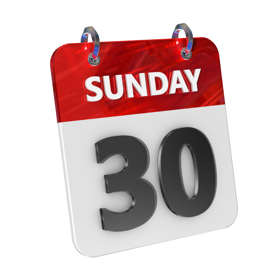 Sunday 30 Date 3D Icon Isolated, Shiny and Glossy 3D Rendering, Month Date Day Name, Schedule, History png