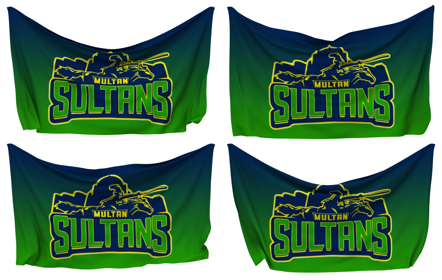 Multan Sultans, MS Pinned Flag from Corners, Isolated with Different Waving Variations, 3D Rendering png