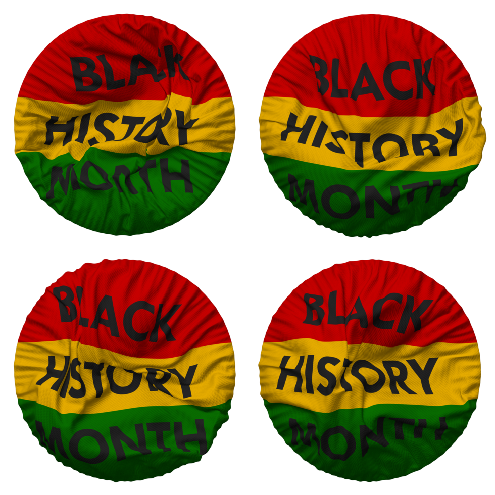 schwarz Geschichte Monat Flagge im runden gestalten isoliert mit vier anders winken Stil, stoßen Textur, 3d Rendern png