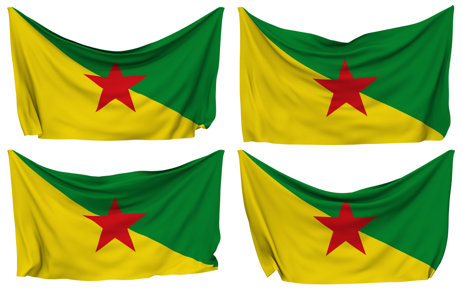 French Guiana Pinned Flag from Corners, Isolated with Different Waving Variations, 3D Rendering png
