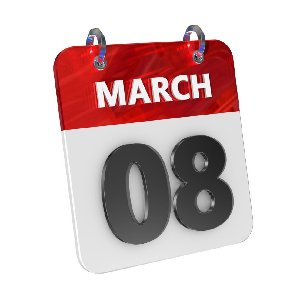 Mars 8 datum 3d ikon isolerat, skinande och glansig 3d tolkning, månad datum dag namn, schema, historia png