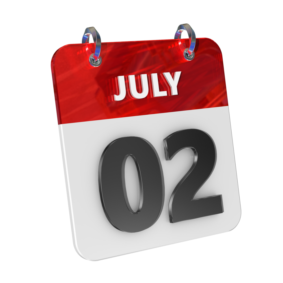 juli 2 datum 3d ikon isolerat, skinande och glansig 3d tolkning, månad datum dag namn, schema, historia png