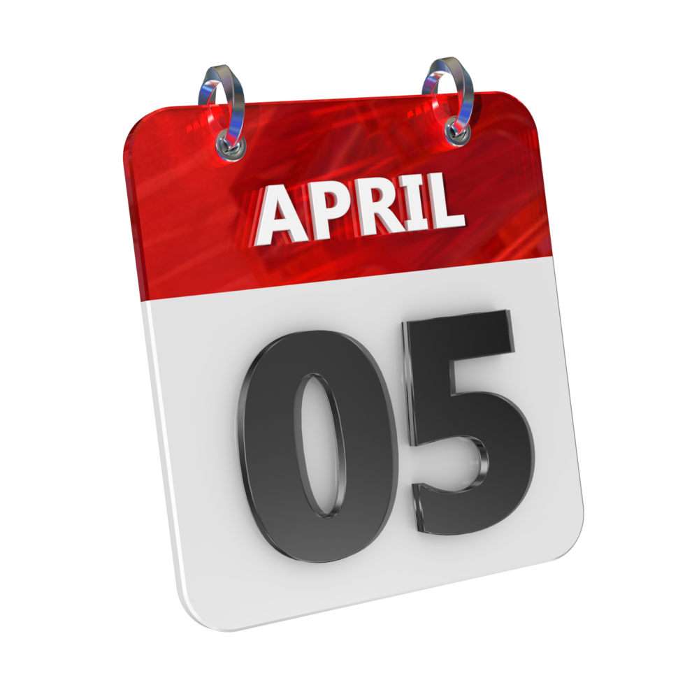 April 5 Date 3D Icon Isolated, Shiny and Glossy 3D Rendering, Month Date Day Name, Schedule, History png