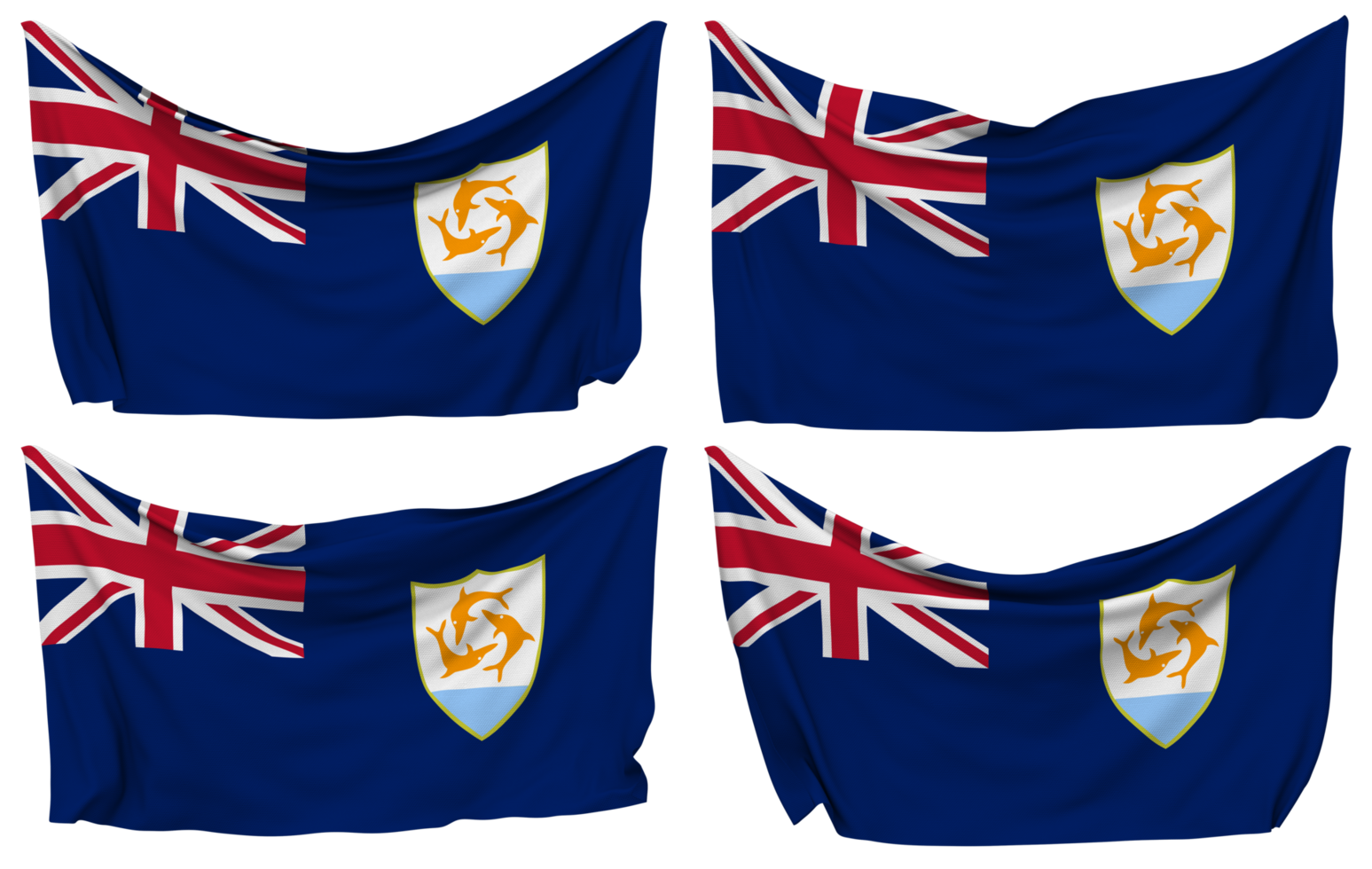 Anguilla Pinned Flag from Corners, Isolated with Different Waving Variations, 3D Rendering png