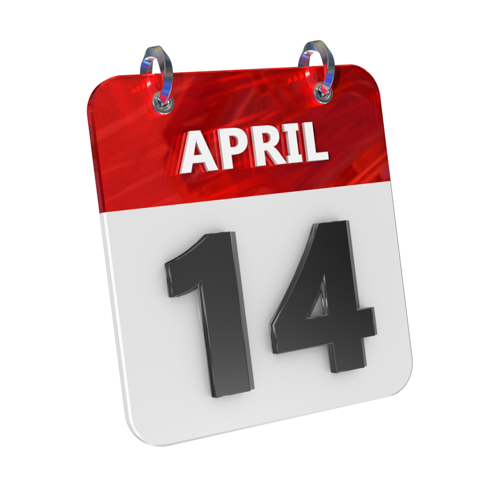 April 14 Date 3D Icon Isolated, Shiny and Glossy 3D Rendering, Month Date Day Name, Schedule, History png