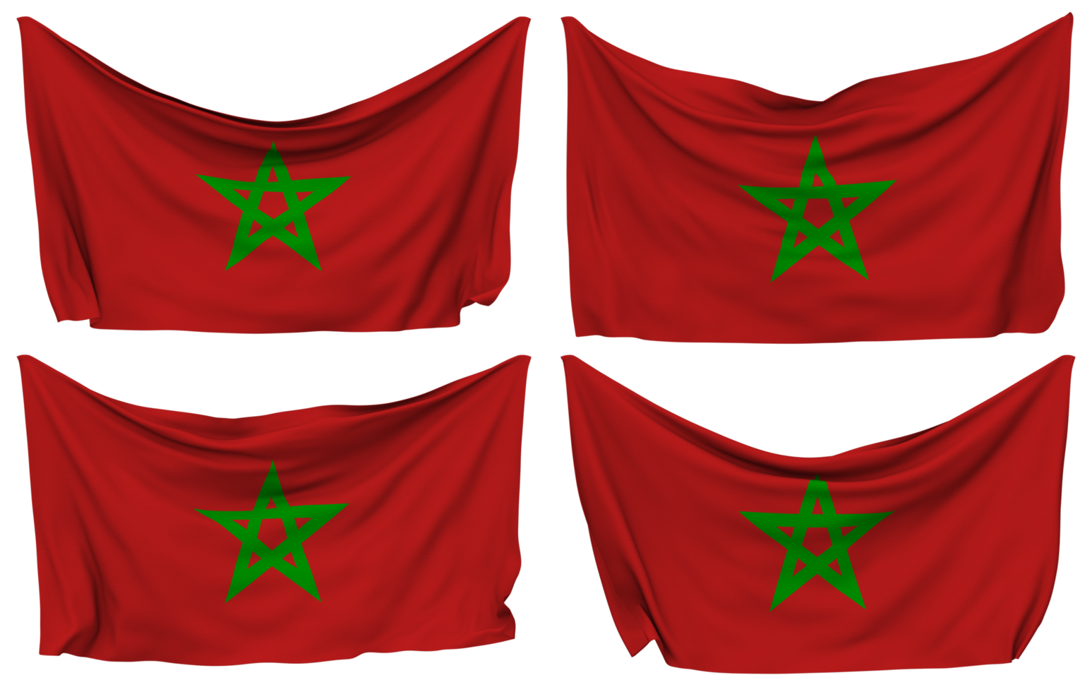 Morocco Pinned Flag from Corners, Isolated with Different Waving Variations, 3D Rendering png