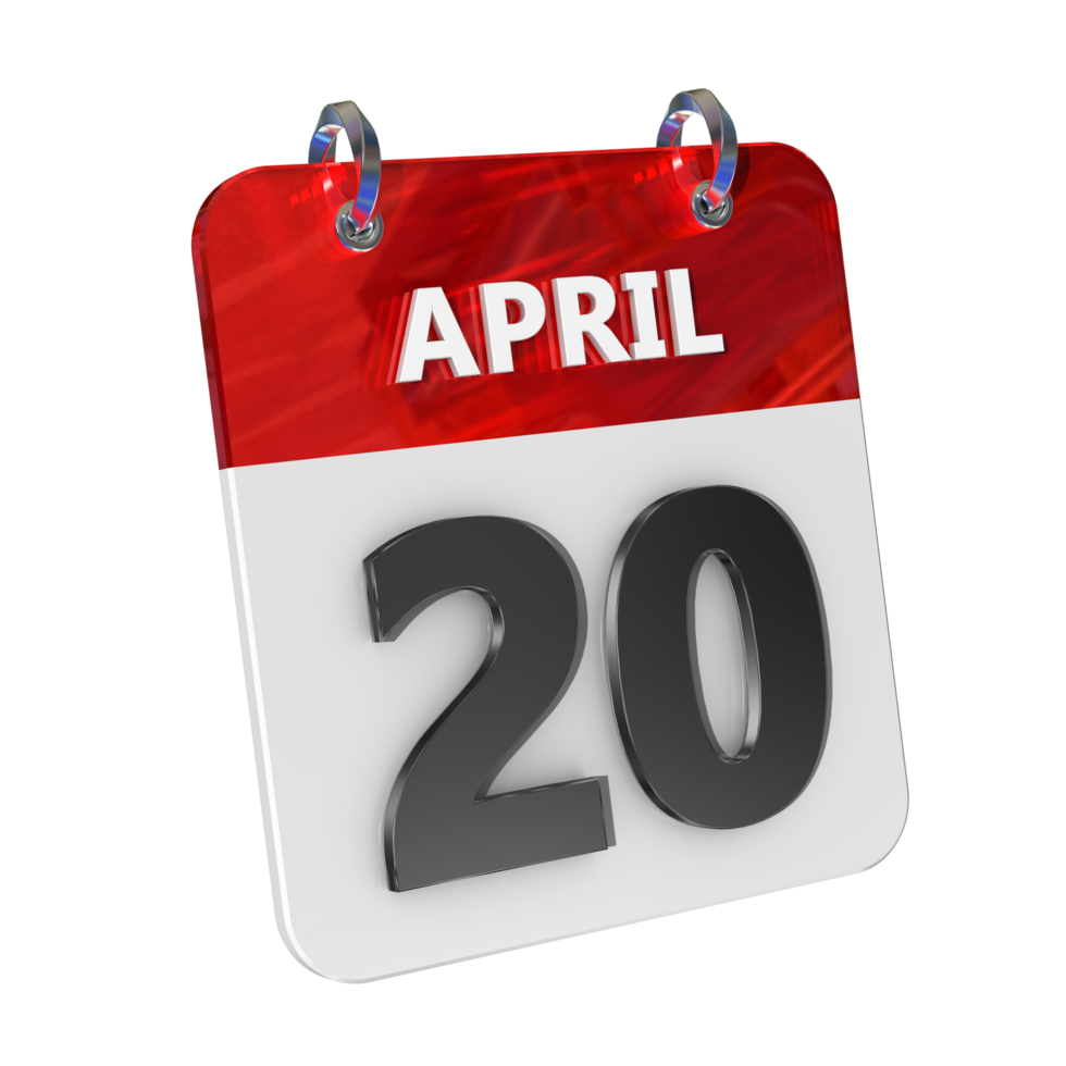 April 20 Date 3D Icon Isolated, Shiny and Glossy 3D Rendering, Month Date Day Name, Schedule, History png