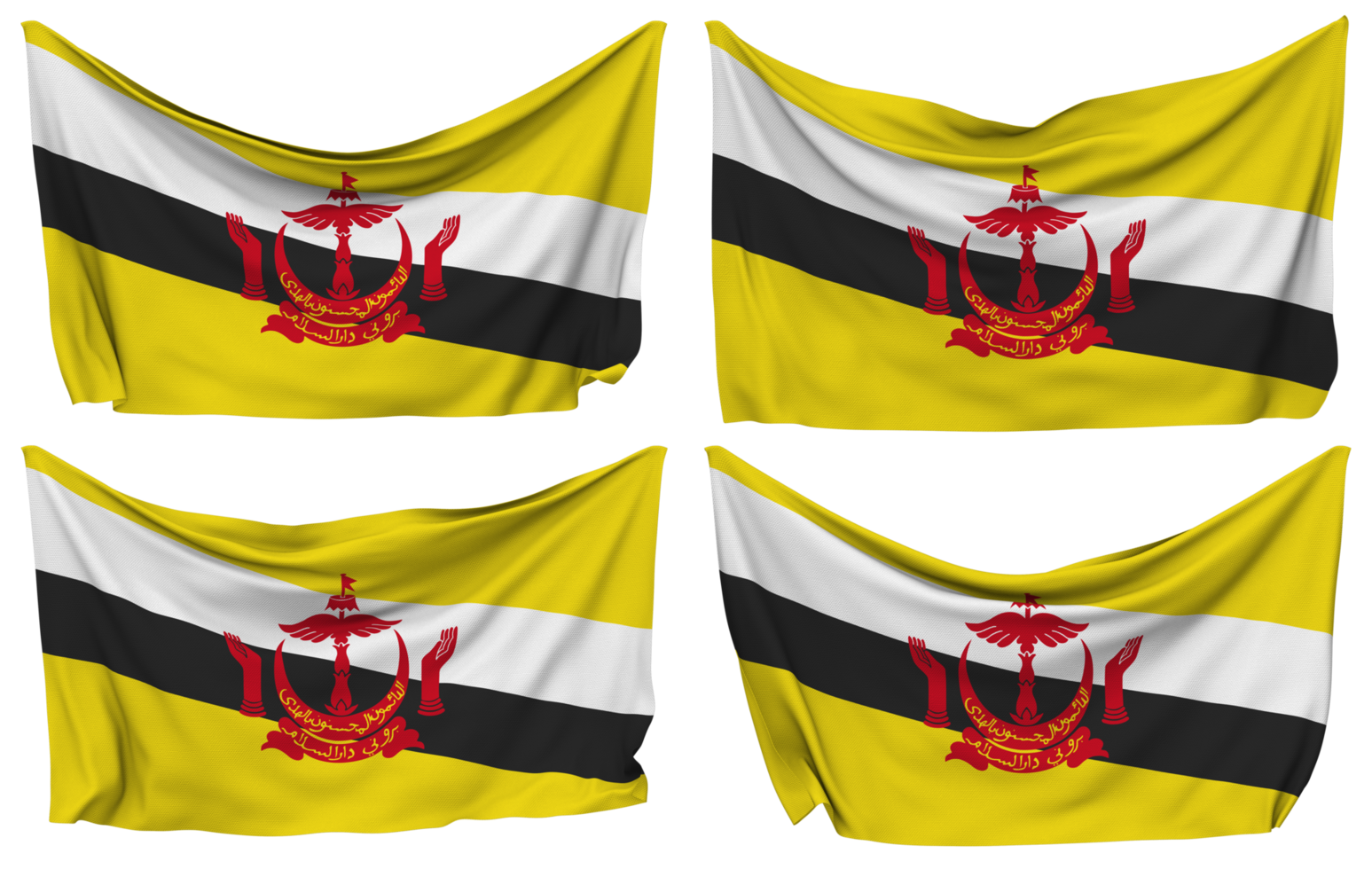 Brunei Pinned Flag from Corners, Isolated with Different Waving Variations, 3D Rendering png
