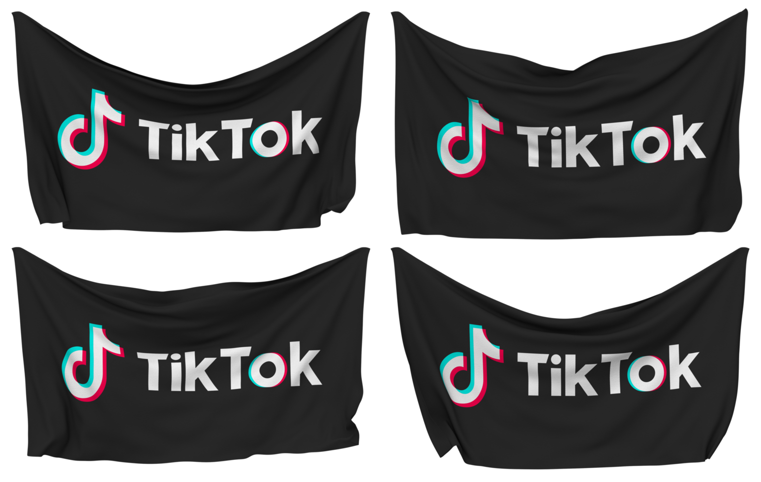 Tiktok Pinned Flag from Corners, Isolated with Different Waving Variations, 3D Rendering png