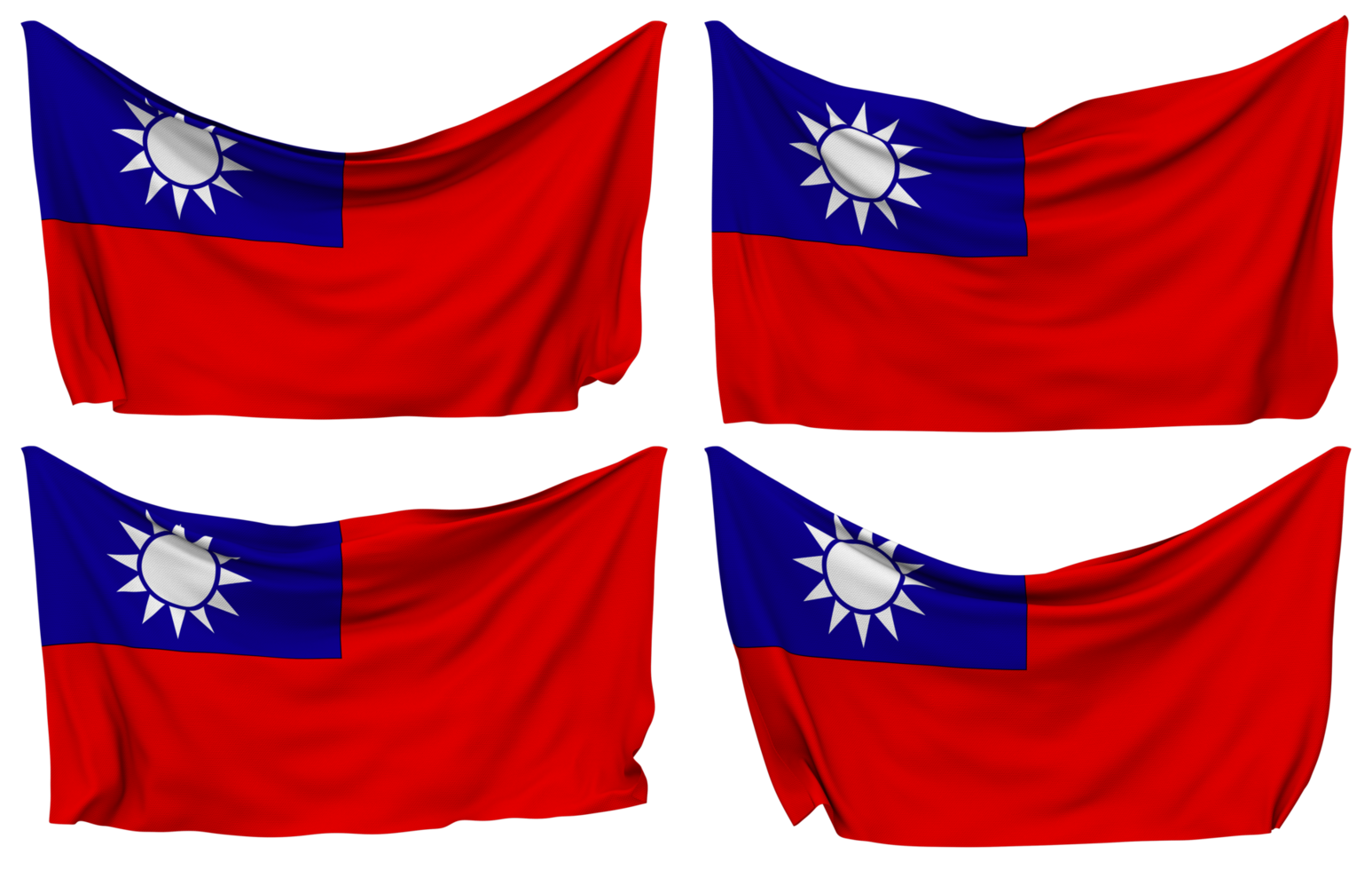 Taiwan Pinned Flag from Corners, Isolated with Different Waving Variations, 3D Rendering png