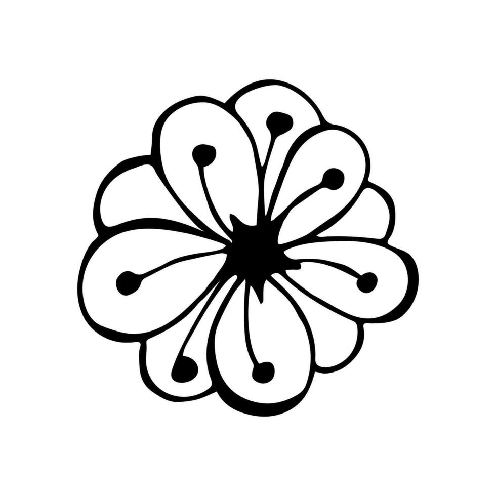 A simple silhouette of a flower with round petals and stamens. Hand drawn, doodle style, black outline on a white background. Isolated on white background vector