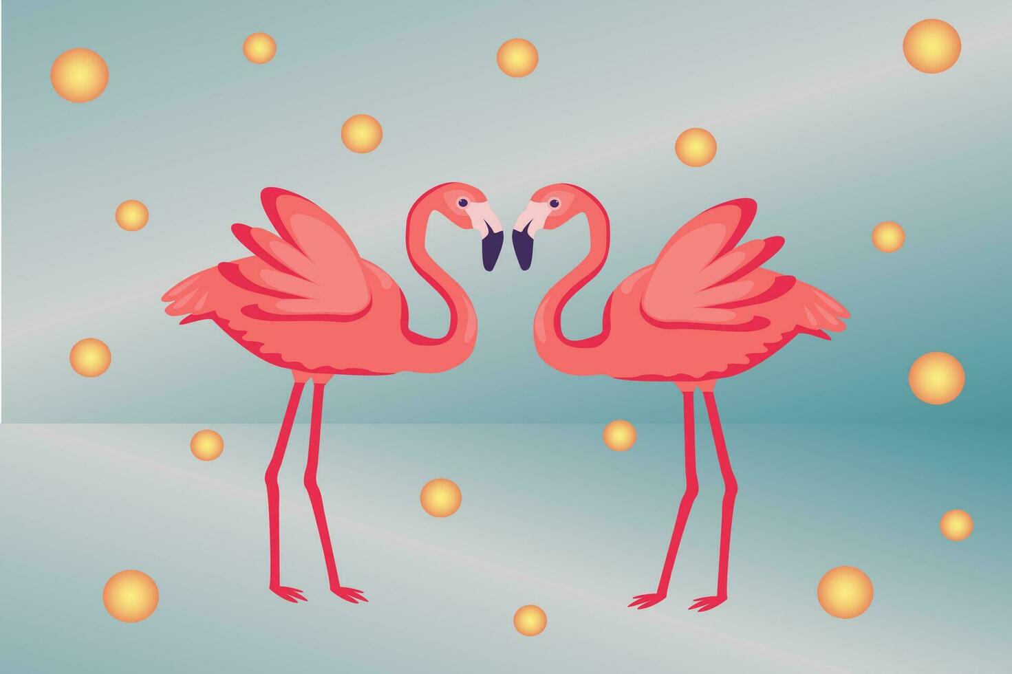 Cute two flamingos. Vector illustration composition with love birds. Blue background, pearls, nature. Romantic picture, love