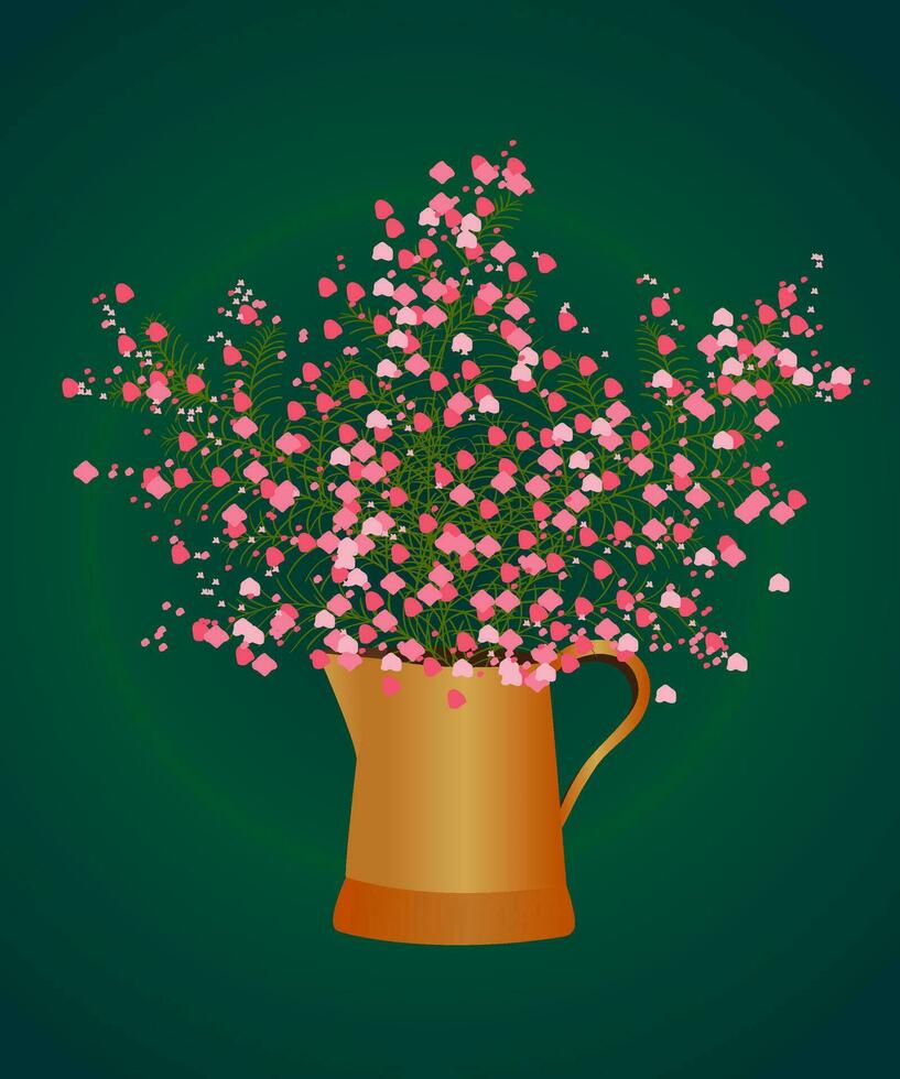 A scattering of pink small flowers in a teapot. Vector illustration, on a green background