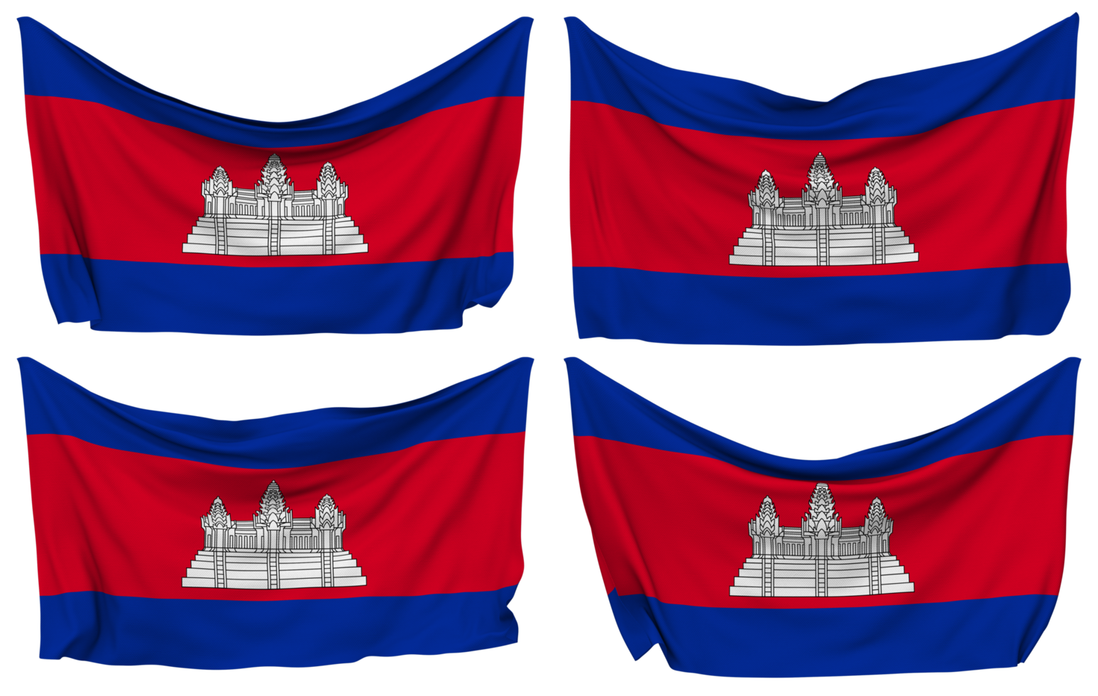 cambodia fästs flagga från hörn, isolerat med annorlunda vinka variationer, 3d tolkning png