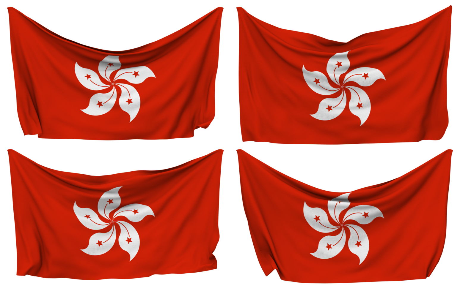 hong kong fästs flagga från hörn, isolerat med annorlunda vinka variationer, 3d tolkning png